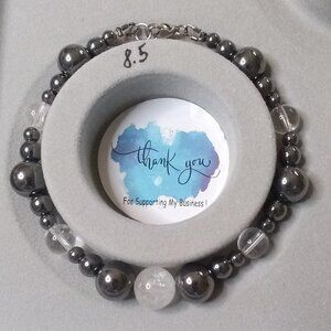 Extra Large Hematite + Quartz Bracelet - fits 8.5" Wrist! Memory Calm + Clarity